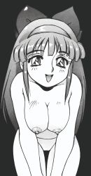 Rule 34 | 1girl, alternate breast size, breasts, hair ribbon, hands on own thighs, hands on thighs, highres, hijikata shirou, leaning forward, long hair, medium breasts, monochrome, nakoruru, nipples, no pussy, nude, open mouth, ribbon, samurai spirits, smile, snk, solo, thighhighs, thighs