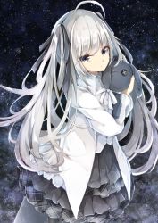 Rule 34 | 1girl, ahoge, black ribbon, closed mouth, collared shirt, commentary request, cucchiore, dress shirt, grey eyes, grey skirt, grey thighhighs, hair between eyes, hair ribbon, highres, jacket, kasugano sora, layered skirt, long hair, long sleeves, looking at viewer, night, night sky, hugging object, open clothes, open jacket, plaid, plaid skirt, pleated skirt, ribbon, shirt, silver hair, skirt, sky, solo, star (sky), starry sky, stuffed animal, stuffed rabbit, stuffed toy, thighhighs, twintails, very long hair, white jacket, white shirt, yosuga no sora