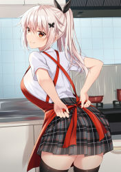 Rule 34 | 1girl, apron, black ribbon, black thighhighs, blush, breasts, butterfly hair ornament, closed mouth, collared shirt, commentary request, etna (kuzuyu), from behind, grey hair, grey skirt, hair between eyes, hair ornament, hair ribbon, highres, indoors, komori kuzuyu, leaning forward, long hair, medium breasts, original, plaid, plaid skirt, pleated skirt, ponytail, red apron, red eyes, ribbon, shirt, short sleeves, skirt, smile, solo, stove, thighhighs, tile wall, tiles, white shirt