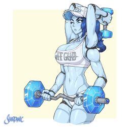 Rule 34 | 1girl, barbell, baseball cap, blue eyes, blue hair, blue skin, breasts, cleavage, colored skin, cracked skin, dumbbell, elden ring, exercising, extra arms, hat, large breasts, long hair, one eye closed, pink background, ranni the witch, shardanic, short shorts, shorts, solo, sports bra, weightlifting