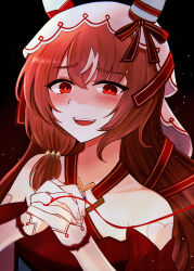 Rule 34 | 1girl, absurdres, animal ears, blush, breasts, brown hair, collarbone, commentary request, dark background, hair between eyes, hair ornament, highres, horse girl, long hair, looking at viewer, mayuchi427, open mouth, own hands together, portrait, red eyes, shaded face, small breasts, solo, still in love (umamusume), string, string of fate, teeth, umamusume, upper teeth only, yandere