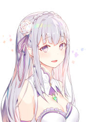 Rule 34 | 10s, 1girl, :d, bare shoulders, blush, braid, breasts, cleavage, colored eyelashes, commentary, crown braid, detached collar, elf, emilia (re:zero), flower, gem, green gemstone, hair flower, hair ornament, hair ribbon, hairclip, highres, long hair, looking at viewer, medium breasts, open mouth, pointy ears, purple eyes, purple ribbon, re:zero kara hajimeru isekai seikatsu, ribbon, ronopu, sidelocks, silver hair, simple background, smile, solo, straight hair, strapless, symbol-only commentary, upper body, white background, white flower