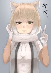 Rule 34 | 1girl, absurdres, animal ears, blush, buttons, clip studio paint (medium), closed mouth, elbow gloves, fox ears, fox girl, fur collar, gakukuru, gloves, grey background, hands up, highres, kemono friends, light brown hair, looking at viewer, medium hair, multicolored hair, necktie, open clothes, open vest, parted bangs, shirt, simple background, solo, tibetan fox (kemono friends), two-tone hair, upper body, v, vest, white hair, yellow eyes