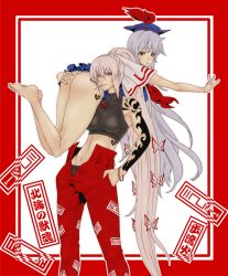 Rule 34 | 2girls, alternate hairstyle, ass, ass grab, bad id, bad pixiv id, bare shoulders, barefoot, blue hair, border, carrying, carrying over shoulder, cigarette, female focus, fujiwara no mokou, grabbing another&#039;s ass, groping, hand on ass, hands in pockets, hat, highres, kamishirasawa keine, long hair, mouth hold, multiple girls, panties, person over shoulder, ponytail, poruhi, red border, red eyes, skin tight, suspenders, take it home, tattoo, touhou, underwear, very long hair, white hair