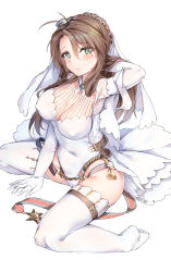 Rule 34 | 1girl, absurdres, alternate costume, arm behind head, arm support, arm up, blush, braid, breasts, bridal veil, brown hair, closed mouth, covered erect nipples, covered navel, crown braid, dress, elbow gloves, french braid, girls&#039; frontline, gloves, green eyes, hair ornament, hansal, highres, large breasts, lee-enfield (girls&#039; frontline), leotard, long hair, looking at viewer, simple background, sitting, solo, thighhighs, thighs, uniform, veil, wariza, wedding dress, white background, white gloves, white leotard, white thighhighs