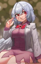 Rule 34 | 1girl, adjusting eyewear, adjusting glasses, bird wings, blush, boots, bow, bowtie, braid, breasts, brooch, brown footwear, buttons, closed mouth, collared shirt, commentary request, feathered wings, french braid, glasses, grey hair, grey jacket, hand up, highres, jacket, jewelry, kishin sagume, large breasts, long sleeves, looking at viewer, open clothes, open jacket, purple shirt, purple skirt, red bow, red bowtie, red eyes, round eyewear, shirt, short hair, single wing, sitting, skirt, thighs, touhou, wariza, white hair, white wings, wings, zakozako y