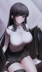 Rule 34 | 1girl, black hair, black jacket, black skirt, blue archive, breasts, bright pupils, closed mouth, commentary request, grey background, highres, hokkul, holster, jacket, large breasts, long hair, long sleeves, miniskirt, no halo, pleated skirt, red eyes, rio (blue archive), sitting, sitting on object, skirt, solo, sweater, thick thighs, thigh holster, thighs, turtleneck, turtleneck sweater, white pupils, white sweater