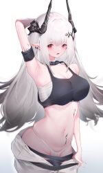 Rule 34 | 1girl, absurdres, arknights, arm behind head, armpits, bare shoulders, black horns, black sports bra, blush, breasts, chest sarashi, clothes pull, cowboy shot, demon horns, gradient background, highres, horns, infection monitor (arknights), kuro matcha, large breasts, long hair, looking at viewer, material growth, mudrock (arknights), navel, oripathy lesion (arknights), panties, pants, pants pull, pointy ears, red eyes, sarashi, skindentation, solo, sports bra, stomach, thong, underwear, white hair, white panties