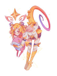 Rule 34 | 1girl, alternate color, animal, artist name, bent over, blonde hair, blue sky, blush, boots, commentary, elbow gloves, gloves, highres, holding, holding animal, league of legends, lizard tail, looking at viewer, medium hair, neeko (league of legends), pleated skirt, puffy short sleeves, puffy sleeves, reptile girl, ruan chen yue, short sleeves, skirt, sky, solo, star (symbol), star guardian (league of legends), star guardian neeko, star guardian neeko prestige edition, tail, vastaya, white background, white sleeves, yellow eyes, yellow footwear