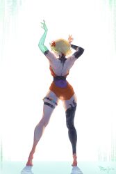 Rule 34 | 1girl, arms up, back, blonde hair, dress, flower, hades (series), hades 2, hair flower, hair ornament, highres, melinoe (hades), muscular, muscular female, pappaserho, pinup (style), see-through body, solo, thighhighs, tiptoes