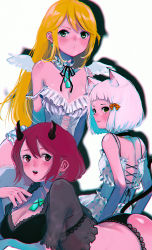 Rule 34 | 3girls, animal ear fluff, animal ears, bad id, bad pixiv id, bare shoulders, black panties, black ribbon, blonde hair, bow, breasts, cat ears, chromatic aberration, cleavage, cross-laced clothes, demon horns, demon tail, earrings, fang, green eyes, hair bow, horns, jewelry, long hair, medium breasts, mini wings, multiple girls, mythra (xenoblade), neck ribbon, nia (xenoblade), nintendo, open mouth, orange bow, panties, polka dot, polka dot bow, pyra (xenoblade), red eyes, red hair, ribbon, shiomi (lowrise), short hair, spoilers, straight hair, strap slip, swept bangs, tail, teeth, underwear, white background, white hair, white wings, wings, xenoblade chronicles (series), xenoblade chronicles 2