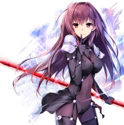 Rule 34 | 1girl, armor, bodysuit, breasts, fate/grand order, fate (series), female focus, finger to mouth, holding, large breasts, long hair, looking at viewer, pauldrons, polearm, purple bodysuit, purple hair, red eyes, scathach (fate), scathach (fate), shoulder armor, skin tight, skindentation, smile, solo, spear, tsuezu, weapon