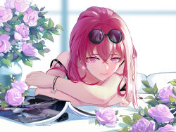 Rule 34 | 1girl, absurdres, bare arms, bare shoulders, bear minstrel, book, commentary request, eyewear on head, flower, highres, honkai: star rail, honkai (series), kafka (honkai: star rail), looking at viewer, lying, on stomach, pink flower, pink rose, rose, smile, solo, spaghetti strap, strap slip, sunglasses