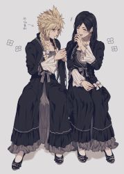 1boy 1girl 234_(1234!) black_dress black_hair blonde_hair blush bow braid braiding_hair cloud_strife cloud_strife_(black_dress) collarbone crossdressing dress final_fantasy final_fantasy_vii final_fantasy_vii_remake frilled_sleeves frills full_body grey_background hair_bow hairdressing highres looking_at_another open_mouth simple_background sitting smile spiked_hair tifa_lockhart twin_braids wall_market