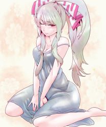 Rule 34 | 1girl, alternate costume, alternate hairstyle, bare shoulders, breast press, breasts, camisole, fujiwara no mokou, hands on legs, long hair, looking at viewer, one eye closed, ponytail, red eyes, sitting, solo, somsom, strap slip, touhou, wariza, white hair