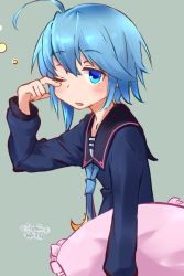 Rule 34 | 1girl, ahoge, asymmetrical hair, black sailor collar, blouse, blue eyes, blue hair, blue necktie, blue shirt, commentary request, crescent, crescent pin, dated, grey background, izumikuma, kantai collection, looking at viewer, minazuki (kancolle), necktie, one-hour drawing challenge, one eye closed, pillow, sailor collar, shirt, short hair with long locks, simple background, sleepy, solo, twitter username, upper body