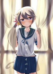 Rule 34 | 1girl, akebono (kancolle), bell, blue sailor collar, blue skirt, commentary request, cover, cowboy shot, curtains, flower, hair bell, hair flower, hair ornament, highres, jingle bell, kantai collection, long hair, looking at viewer, pleated skirt, purple eyes, purple hair, sailor collar, school uniform, serafuku, short sleeves, side ponytail, skirt, solo, soramuko, translation request, very long hair, window