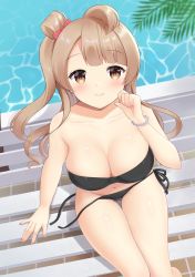 Rule 34 | 10s, 1girl, arm support, bench, bikini, black bikini, blush, bow, bracelet, breasts, brown eyes, brown hair, cleavage, closed mouth, from above, futaba kurumi, hair bow, highres, jewelry, large breasts, long hair, looking at viewer, looking up, love live!, love live! school idol project, minami kotori, nail polish, navel, pink nails, plant, red bow, side ponytail, sitting, smile, solo, swimsuit, untied bikini, water