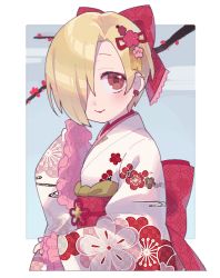 Rule 34 | 1girl, asymmetrical hair, bow, branch, cherry blossoms, commentary, earrings, hair bow, hair over one eye, idolmaster, idolmaster cinderella girls, japanese clothes, jewelry, kimono, light smile, lipstick, looking at viewer, makeup, red eyes, shirasaka koume, short hair, solo, upper body, uso (ameuzaki)