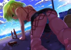 Rule 34 | 1girl, all fours, ass, bad id, bad pixiv id, barefoot, bikini, blonde hair, bottle, bracelet, earrings, feet, female focus, green eyes, highres, jewelry, looking back, mizuhashi parsee, ocean, pointy ears, ponytail, short hair, soles, solo, sousakubito, swimsuit, touhou
