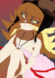Rule 34 | 1girl, aviator cap, bakemonogatari, bare shoulders, blonde hair, closed mouth, cluseller, collarbone, dress, eyewear on head, female focus, flat chest, goggles, gradient background, hair between eyes, half-closed eyes, highres, jewelry, knees together feet apart, knees up, long hair, looking at viewer, matching hair/eyes, monogatari (series), necklace, off shoulder, oshino shinobu, pink dress, red background, sidelocks, simple background, sitting, sketch, solo, spaghetti strap, strap slip, yellow eyes
