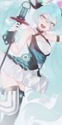 Rule 34 | 1girl, aqua eyes, aqua hair, armband, asymmetrical legwear, bad id, bad pixiv id, bare shoulders, black dress, commentary, dress, english commentary, facial tattoo, framed breasts, frilled dress, frills, gloves, hair ornament, half-closed eyes, hat, hatsune miku, highres, holding, holding wand, leg up, long hair, magical mirai (vocaloid), magical mirai miku, magical mirai miku (2019), microphone wand, mini hat, mini top hat, mismatched legwear, open mouth, outstretched arm, seikimatsu rori, smile, solo, striped clothes, striped thighhighs, tattoo, thighhighs, top hat, twintails, vertical-striped clothes, vertical-striped thighhighs, very long hair, vocaloid, wand, white gloves, white hat