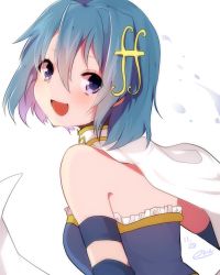 Rule 34 | 10s, 1girl, blue eyes, blue hair, cape, dated, fortissimo, from behind, hair ornament, looking at viewer, looking back, magical girl, mahou shoujo madoka magica, mahou shoujo madoka magica (anime), matching hair/eyes, miki sayaka, musical note, musical note hair ornament, short hair, solo, zinpati