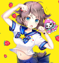 Rule 34 | 1girl, :o, ahoge, arm up, blue bow, blue bowtie, blue eyes, blue sailor collar, blue skirt, blush, bow, bowtie, brown hair, chain, commentary request, fingernails, food, fruit, green eyes, hair ornament, hairclip, hand up, highres, keepout, looking at viewer, midriff peek, multicolored eyes, nail polish, navel, open mouth, original, pink nails, pleated skirt, sailor collar, school uniform, serafuku, shirt, short hair, short sleeves, skirt, solo, sparkle, star (symbol), stomach, strawberry, teeth, upper teeth only, v-shaped eyebrows, white shirt, yellow background