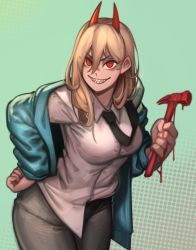 Rule 34 | 1girl, black necktie, black pants, blonde hair, blood, blood on hands, bloody weapon, blue jacket, breasts, chainsaw man, collared shirt, contrapposto, cross-shaped pupils, crosshair pupils, demon girl, demon horns, dotted background, dress shirt, gradient background, green background, hair between eyes, hammer, hand on own hip, hemokinesis, highres, holding, holding hammer, horns, jacket, kelvin hiu, long hair, looking at viewer, medium breasts, necktie, pants, power (chainsaw man), red eyes, red horns, sharp teeth, shirt, smile, solo, symbol-shaped pupils, teeth, untucked shirt, weapon, white shirt