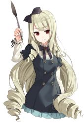 Rule 34 | 10s, 1girl, black bow, blonde hair, bow, closed mouth, frills, gothic lolita, hair bow, hand up, holding, holding pen, light smile, lolita fashion, long hair, long sleeves, looking at viewer, nib pen (object), ogasawara rinko, original, parsley-f, pen, red eyes, ringlets, shirobako, simple background, smile, solo, upper body, very long hair, wavy hair, white background