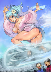 Rule 34 | 1girl, 2boys, ass, bad id, bad pixiv id, barefoot, blue eyes, blue sky, blush, breasts, cleavage, day, f.s., feet, flower, gloves, goggles, goggles on head, gradient hair, hair flower, hair ornament, hat, ice, japanese clothes, kimono, large breasts, lips, long hair, multicolored hair, multiple boys, no bra, off shoulder, open mouth, original, outdoors, ponytail, purple hair, shiny skin, short kimono, sky, smile, snow, snowboard, solo focus, surprised, thighs, toes