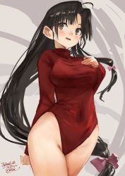 Rule 34 | 1girl, ahoge, alternate costume, black hair, brown eyes, commentary request, cowboy shot, dated, grey background, hand on own chest, kantai collection, leotard, long hair, long sleeves, low-tied long hair, red leotard, shouhou (kancolle), signature, solo, standing, toka (marchlizard), turtleneck, heattech leotard