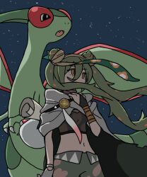 Rule 34 | 1girl, 1other, arm wrap, asymmetrical gloves, bag, black gloves, bridal gauntlets, brown hairband, brown shirt, claws, cloak, constellation, covered mouth, cowboy shot, creatures (company), crop top, double bun, dragon, dragon wings, floating hair, flygon, game freak, gen 3 pokemon, gloves, green hair, green pants, ground miku (project voltage), hair between eyes, hair bun, hair over mouth, hairband, hand up, hatsune miku, holding strap, long hair, looking ahead, midriff, mismatched gloves, multicolored hair, navel, night, night sky, nintendo, orange eyes, orange hair, outdoors, pants, poke ball, pokemon, project voltage, rolled up paper, shirt, shoulder bag, sky, solo, star (sky), starry sky, streaked hair, twintails, umi ha kirai, very long hair, vocaloid, white cloak, white gloves, wings