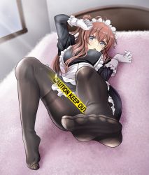 Rule 34 | 1girl, bed, blue eyes, blush, brown hair, feet, kantai collection, long hair, looking at viewer, lying, maid, maid headdress, on back, pantyhose, parted lips, saratoga (kancolle), side ponytail, soles, toes