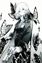 Rule 34 | 1girl, aislan, animal print, black coat, black vest, blue eyes, bug, butterfly, butterfly on head, butterfly print, coat, e.g.o (project moon), faust (project moon), gloves, gun, handgun, highres, holding, holding gun, holding weapon, id card, insect, limbus company, long sleeves, looking at viewer, project moon, simple background, solo, sweater, vest, weapon, white background, white gloves, white hair, white sweater, wing collar