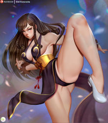 Rule 34 | 1girl, alternate hairstyle, black dress, bracelet, braid, breasts, brown eyes, brown hair, capcom, china dress, chinese clothes, chun-li, cleavage, didi esmeralda, dress, fighting stance, gluteal fold, jewelry, large breasts, leg lift, long hair, looking at viewer, official alternate costume, panties, pantyshot, solo, spiked bracelet, spikes, street fighter, thick thighs, thighs, toned, twin braids, underwear, white footwear