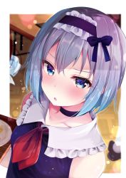 Rule 34 | 10s, 1girl, black choker, blurry, blurry background, blush, choker, collarbone, commentary request, eyes visible through hair, frilled hairband, frills, hairband, highres, looking at viewer, open mouth, purple eyes, rouka (akatyann), ryuuou no oshigoto!, short hair, silver hair, sleeveless, solo, sora ginko