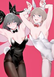 Rule 34 | 2boys, absurdres, animal ears, bandaid, bandaids on nipples, black bow, black bowtie, black bunny ears, black gloves, black leotard, black pantyhose, blonde hair, blue eyes, blush, bow, bowtie, bulge, bunny ears pose, closed mouth, commentary request, detached collar, dual persona, elbow gloves, fake animal ears, fate/grand order, fate (series), frown, furrowed brow, gloves, grey hair, hands up, highleg, highleg leotard, highres, insect wings, leotard, looking at viewer, male focus, male playboy bunny, medium hair, multiple boys, oberon (fate), oberon (third ascension) (fate), open mouth, pantyhose, pasties, pink background, pink bow, pink bowtie, playboy bunny, rabbit ears, rabbit pose, rabbit tail, sausu hitori, smile, sweat, tagme, teeth, trap, upper teeth only, white bunny ears, white cuffs, white detached collar, white leotard, white pantyhose, wings, wrist cuffs