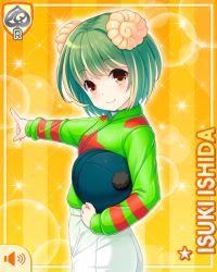 Rule 34 | 1girl, alternate costume, card, character name, fossil, girlfriend (kari), green hair, green jacket, hair ornament, helmet, holding, ishida isuki, jacket, official art, open mouth, pants, qp:flapper, riding outfit, shirt, short hair, smile, solo, tagme, towel, white pants, yellow background, yellow eyes
