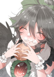 Rule 34 | 1girl, :t, absurdres, bird wings, black hair, black wings, blush, bow, breasts, closed eyes, closed mouth, collared shirt, commentary request, eating, food, food on face, frilled shirt collar, frills, green bow, hair bow, highres, holding, holding food, large breasts, long hair, ninniku (mfu7324), reiuji utsuho, shirt, simple background, smile, solo, third eye, touhou, upper body, white background, white shirt, wings, wrist cuffs