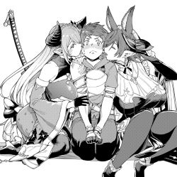 Rule 34 | 1boy, 2girls, absurdres, animal ears, armor, bare shoulders, belt, blush, braid, breastplate, breasts, closed eyes, crown braid, detached sleeves, draph, extra ears, galleon (granblue fantasy), gauntlets, gloves, gran (granblue fantasy), granblue fantasy, greyscale, hair over one eye, half gloves, highres, horns, japanese clothes, jewelry, katana, keoya (keoya 01), kimono, large breasts, licking, long hair, long sleeves, monochrome, multiple girls, narmaya (granblue fantasy), necklace, open mouth, pauldrons, pelvic curtain, pointy ears, seiza, short hair, shoulder armor, single pauldron, sitting, sleeveless, sleeveless kimono, swept bangs, sword, thigh strap, thighhighs, thighs, tongue, tongue out, two-tone dress, weapon, wide sleeves