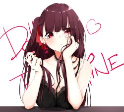 Rule 34 | 1girl, babydoll, black babydoll, black choker, blush, braid, breasts, choker, cleavage, commentary, earrings, eyes visible through hair, french braid, gem, girls&#039; frontline, hair ribbon, head on hand, head rest, heart, highres, ichiki 1, jewelry, lace, lace-trimmed babydoll, lace choker, lace trim, large breasts, long hair, looking at viewer, nail polish, one side up, pink nails, purple gemstone, purple hair, red eyes, red ribbon, ribbon, sidelocks, simple background, sitting, solo, very long hair, wa2000 (girls&#039; frontline), white background