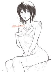 Rule 34 | 1boy, arm tattoo, blush, breasts, canon genderswap, chest tattoo, cleavage, genderswap, genderswap (mtf), hand tattoo, highres, large breasts, lips, male focus, monochrome, naked towel, one piece, short hair, shoulder tattoo, sitting, sketch, solo, tattoo, thighs, tiradmisx, towel, trafalgar law, wet
