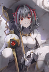 Rule 34 | 1girl, :d, antenna hair, arknights, black gloves, breasts, cosplay, eitri (fire emblem), eitri (fire emblem) (cosplay), feet out of frame, fire emblem, fire emblem heroes, gloves, grey hair, grin, hat, holding, holding sword, holding weapon, horns, large breasts, long sleeves, looking at viewer, multicolored hair, nintendo, open mouth, parted lips, red eyes, red hair, sitting, smile, smoke, solo, spread legs, sword, ten (tenchan man), two-tone hair, w (arknights), weapon, white hat, witch hat