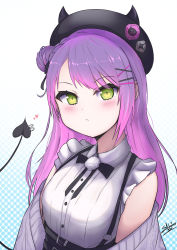 Rule 34 | 1girl, absurdres, beret, black hat, black skirt, blush, braid, breasts, closed mouth, commentary request, demon tail, fake horns, green eyes, grey jacket, hair bun, hair ornament, hairclip, hat, highres, hololive, horned headwear, horns, jacket, looking at viewer, multicolored hair, off shoulder, piercing, pink hair, purple hair, sato art, shirt, side bun, signature, simple background, single hair bun, single side bun, skirt, sleeveless, sleeveless shirt, small breasts, solo, streaked hair, suspender skirt, suspenders, tail, tail ornament, tail piercing, tokoyami towa, upper body, virtual youtuber, white background, white shirt, x hair ornament