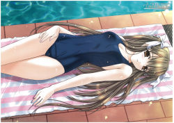 Rule 34 | 1girl, absurdres, bare shoulders, blush, border, brown eyes, brown hair, copyright name, covered navel, hair ribbon, highres, kimizuka aoi, long hair, looking at viewer, lost passage, lying, on back, one-piece swimsuit, parted lips, pool, poolside, ribbon, school swimsuit, solo, striped, swimsuit, towel, very long hair, water, yamabuki sayuki