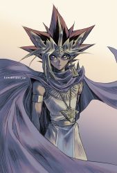 Rule 34 | 1boy, armlet, atem, big hair, black hair, blonde hair, bright pupils, cape, closed mouth, commentary request, ear piercing, earrings, floating cape, highres, jewelry, looking at viewer, male focus, millennium puzzle, piercing, purple cape, purple eyes, solo, soya (sys ygo), spiked hair, twitter username, white pupils, yu-gi-oh!, yu-gi-oh! duel monsters