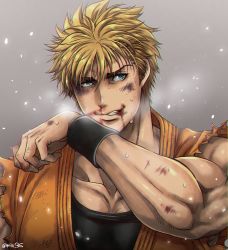 Rule 34 | 1boy, bara, biceps, black shirt, blonde hair, blood, blood from mouth, blood on face, blue eyes, clenched teeth, hand up, highres, injury, large pectorals, looking at viewer, male focus, miru (mill 36), muscular, muscular male, pectorals, ryou sakazaki, ryuuko no ken, shirt, short hair, sleeveless, sleeveless shirt, solo, sweat, sweatdrop, teeth, the king of fighters, the king of fighters &#039;97, twitter username, undershirt, upper body, wristband