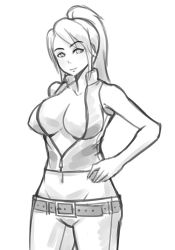 Rule 34 | 1girl, belt, breasts, casual, deeezel, greyscale, groin, hand on own hip, large breasts, long hair, midriff, monochrome, no bra, pants, ponytail, sarah bryant, sideboob, sleeveless, smile, solo, unzipped, virtua fighter