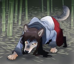 Rule 34 | 1girl, animal ears, bamboo, bamboo forest, brown hair, forest, imaizumi kagerou, imaizumi kagerou (wolf), long hair, moon, nature, onikobe rin, red eyes, touhou, wolf, wolf ears